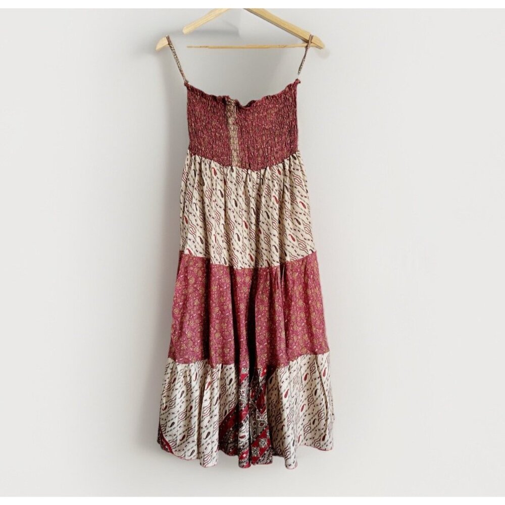 Earthbound Trading Co Boho Silk Patchwork Tiered Midi Dress Sz Medium Prairie